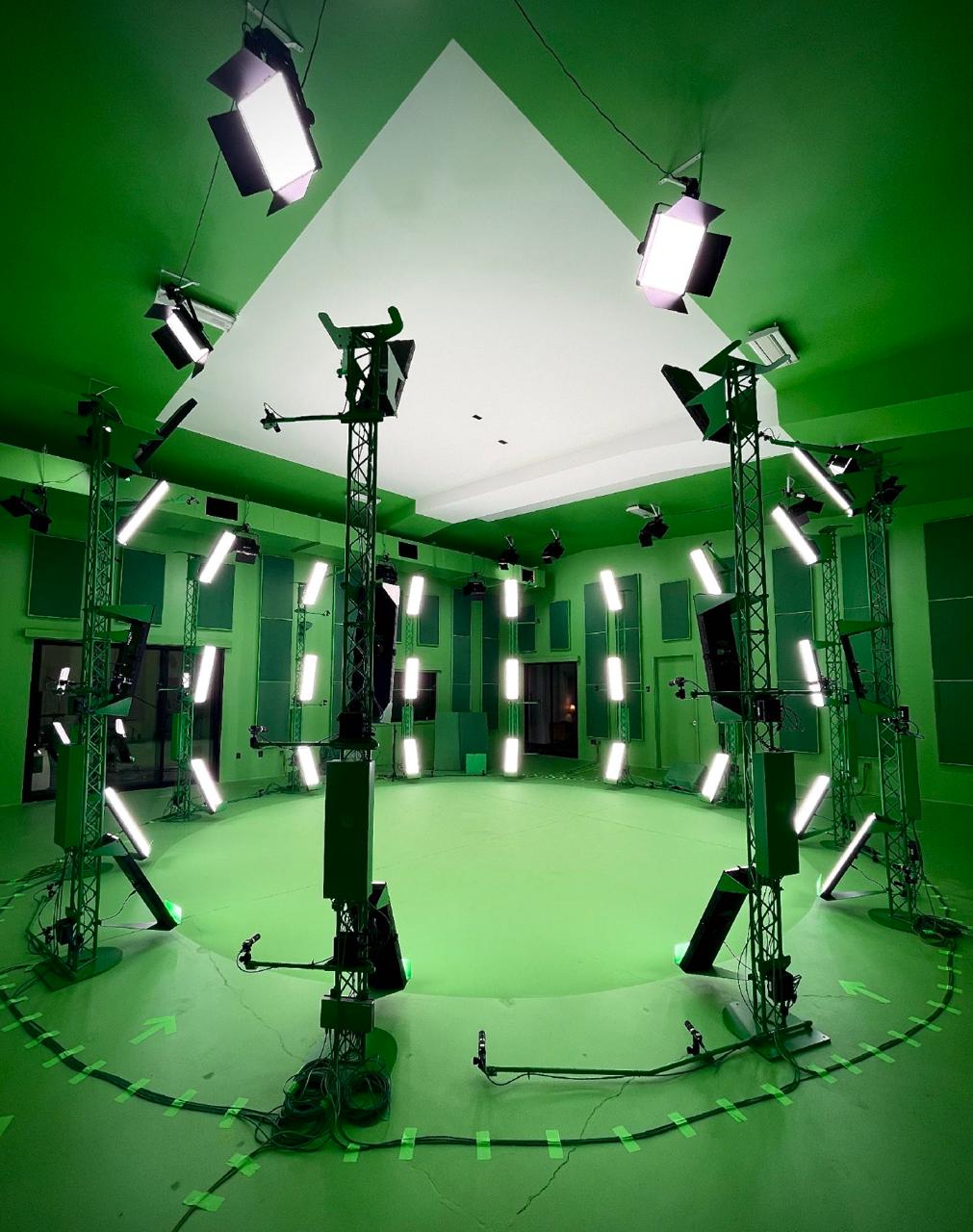 The Soapbox volumetric capture studio — a ring of camera towers and lights around the capture floor